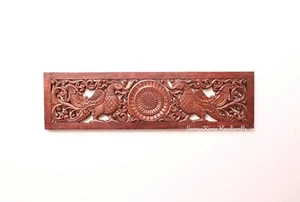 Wooden Wall Panel Lintel Peacock Bird Pair Mandala Carving Vintage Home Decor - Picture 1 of 6