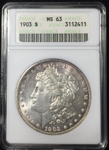 1903-P ANACS MS63 MORGAN Silver Dollar OLD SOAPBOX HOLDER COLOR RIM TONING #411 Cover