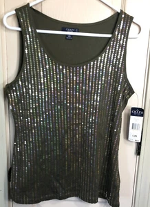 NWT Chaps Womens LG Petite Olive Green Tank Top with Sequins - Picture 1 of 3
