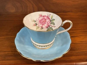 Vintage AYNSLEY Tea Cup & Saucer: Blue, White & Pink Wild Rose #2959 - Picture 1 of 10