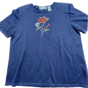 Alfred Dunner Womens Sweater Petite XL Short Sleeve Dk Blue Embroidered Floral - Picture 1 of 12