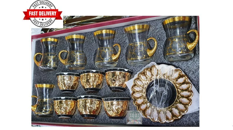 Conjunto de 18 xícaras árabes com xícaras e pires de café turcos vidro Qahwa bronze - Imagem 1 de 1