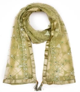 Women Dupatta Embelished Mirror Work With Border Lace Net Scarf - Picture 1 of 18