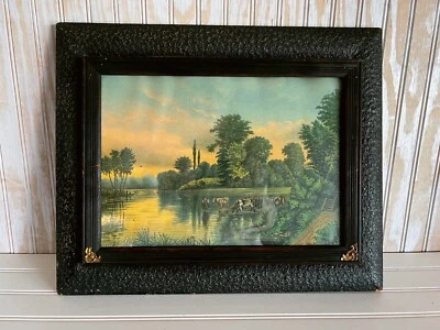 Antiguo marco de bolsillo de pared victoriano de madera oscura de 1890 con impresión de vidrio original Foto 1 de 4