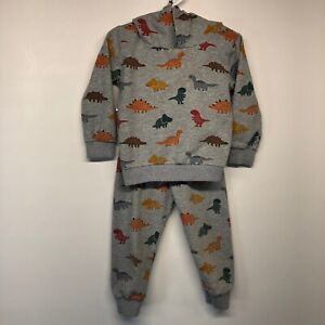 2Pc Sweatsuit Toddler 5T Grey Dinosaur Print Orange Dino Spikes on Hoodie 120CM