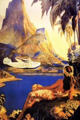 HAWAII HULA DANCE AIRPLANE BEACH TRAVEL TOURISM RETRO VINTAGE POSTER REPRO - Image 1 of 3