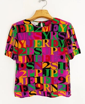 Vintage 80s SPENSER JEREMY Silk Top 8 Logo Letters Numbers Colorful Blouse - Изображение 1 из 4