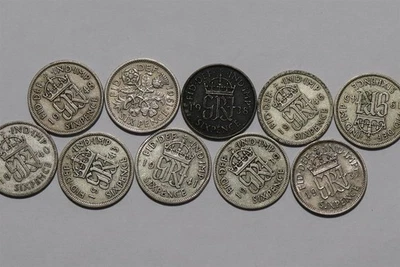 🧭 🇬🇧 UK GB 6 ПЕНСОВ КОЛЛЕКЦИИ - 8 СЕРЕБРЯНЫХ МОНЕТ B88 #15 XU20 - Изображение 1 из 3