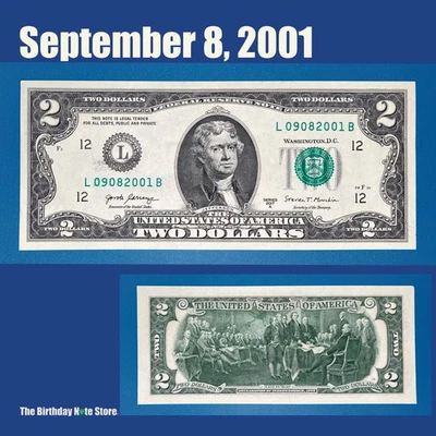 September 8, 2001 Birthday Anniversary $2 Two Dollar Bill Serial Number 09082001 - Image 1 of 2