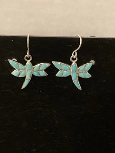 Southwest Style Turquoise SS Dragonfly Dangle Earrings - Picture 1 of 7