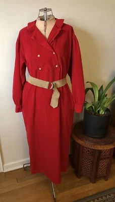 Vestido Camisa Midi Vintage Años 80 Ralph Lauren Rojo Pana Con Cinturón Gamuza Beige Foto 1 de 4