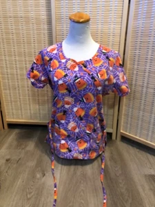 Halloween Scrubs Top Cartoon Small S Candy Corn in Spiderweb Purple Orange H672 - Picture 1 of 6