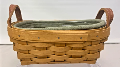 2004 Longsberger 8”Basket With Leather Handles Fabric Liner Plastic Protector L2 Cover