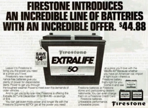 Pubblicità Stampa Vintage 1983 Firestone Extralife 50 Batterie Supreme 60 Auto - Foto 1 di 2