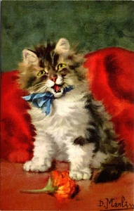 ILUSTRACIÓN DE GATO - FIRMADO POR ARTISTA MERLÍN - GATITO Y ARCO AZUL - POSTAL ANTIGUA - Imagen 1 de 2