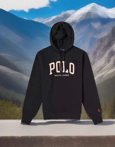 Nuova con etichette-POLO RALPH LAUREN Uomo Nero RL+ "POLO" Spell Out Fleece Pullover Felpa con Cappuccio-L - Foto 1 di 6