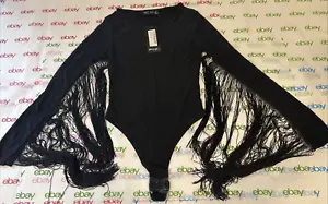 Nasty Gal Womens Plain Fringe Bodysuit Long Sleeve Black Size 4 - Picture 1 of 15