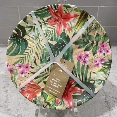 Set 4 Tommy Bahama Melamine 8” Salad Plates Tropical Floral Wood Grain plate NEW - Image 1 of 4