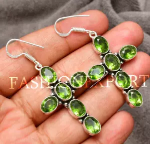 Peridot Earring Gemstone Handmade 925 Sterling Silver Jewelry Earring 1.98" - Picture 1 of 8
