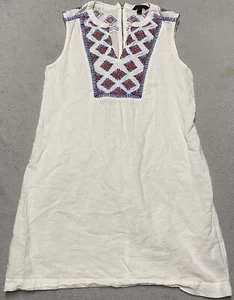 Abito J Crew Taglia S Bianco Misto Lino Ricamato Cambio Mini Scollo V Boho - Foto 1 di 8