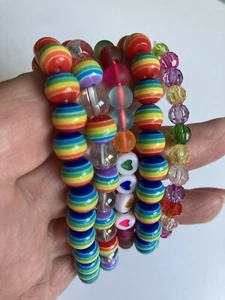Rainbow Bracelet Set, stretch bracelets, pk of 5, festival, party, friendship - Picture 1 of 8