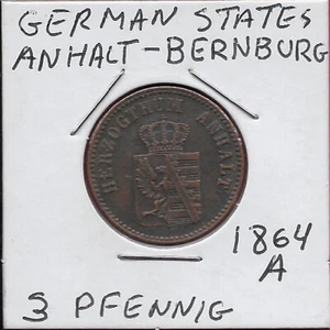 DEUTSCHE STAATEN ANHALT-BERNBURG 3 PFENNIG 1864-A AUFLAGE 200.000,LINEAL:ALEXAND LEF - Bild 1 von 2