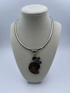 Ammonite Fossil Pendant With Gemstones And 925 Sterling Silver Chain - Picture 1 of 14