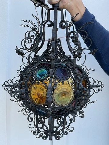19th Century Venetian Chandelier Black Wrought Iron Stained Glass Hanging Light Cover