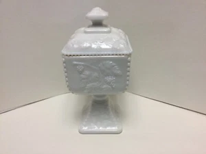 Vintage Westmoreland Square Milk Glass "Paneled Grape" pedestal Candy Dish/cover - Picture 1 of 6