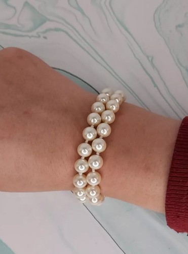 VALENTINO Vintage Bracciale Perla Finta 6 25"" Fibbie Scatola Doppio Filamento Annodati Singolati