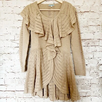 Cárdigan suéter Leifnotes Anthropologie para mujer con volantes peplum talla S beige tostado Foto 1 de 4