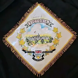 Vintage Fringe Silk Pillow Case Souvenir Of Vancouver British Columbia Parliment - Picture 1 of 4