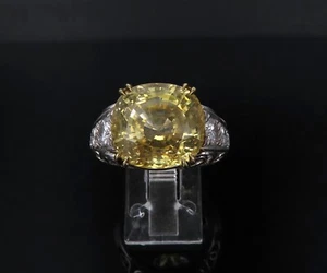Estate 11.50ct Natural Untreated Yellow Sapphire & 1.25ct Diamond 18K Gold Ring - Picture 1 of 15