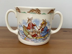Royal Doulton Bunnykins Mug Double 2 Handles Rabbits Fishing Family Boat Crab - Picture 1 of 6