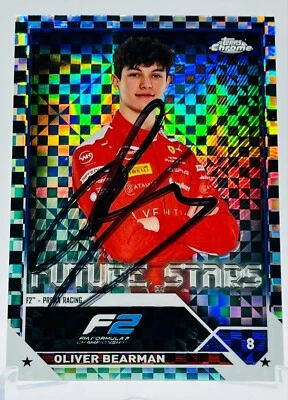 F1, OLIVER BEARMAN HAAS,FERRARI DRIVER SIGNED TOPPS CHROME CHECKER FLAG CARD - Image 1 of 4