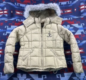 Abrigo Chaqueta acolchada con capucha para bebé Phat Down Y2K Hip Hop piel sintética talla L/XL tostado de colección - Imagen 1 de 14