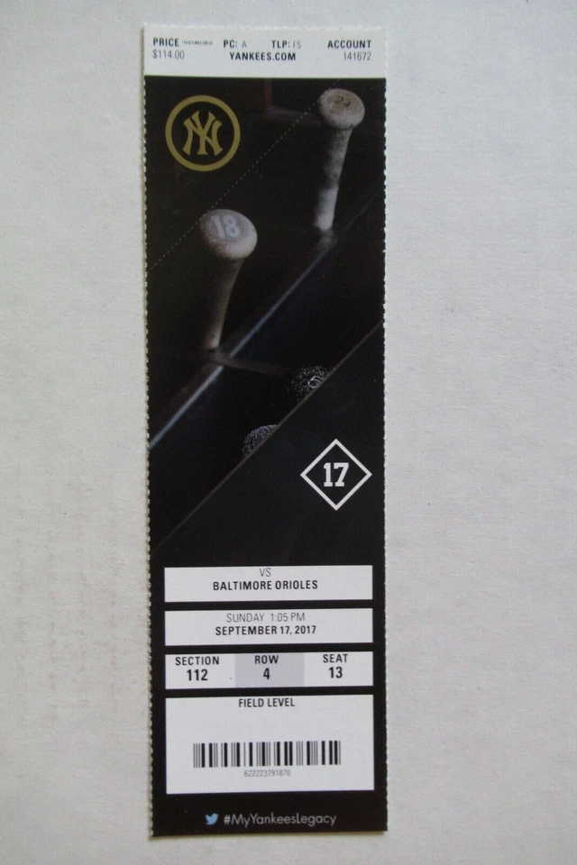 Boleto completo New York Yankees vs Orioles 17/09/2017 ~ Beckham/Gregorius HRs Foto 1 de 1