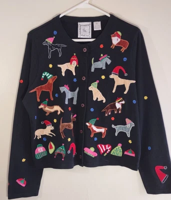 Michael Simon Dogs with Hats Embroidered Cotton Cardigan Artsy Colorful Size M/L - Image 1 of 4