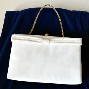 After Five Vintage White Purse Vinyl Bow Evening Bag Gold Chain Handle USA - Picture 1 of 9