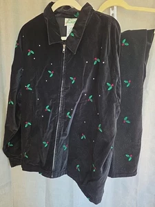 Vintage 90's TheQuacker Factory Jacket Set Holly Berry Velour Rhinestone  Sz 2X  - Picture 1 of 18
