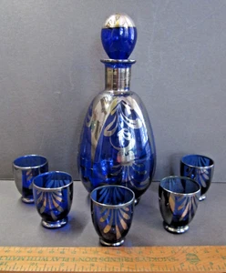 Kobaltblau Karaffe Stopfen Cordial Gläser 5 Silber Überfang Vintage Set Ausgefallen - Bild 1 von 10