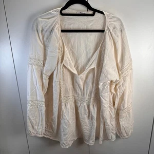 Madewell Bauernbluse Damen XXL creme Häkel Leinenmischung Langarm Bindekragen - Bild 1 von 6