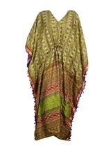 WOMENS BOHO MAXI DRESS KAFTAN SARI GREEN PRINTED TASSEL RESORT CAFTAN LOUNGER 3X