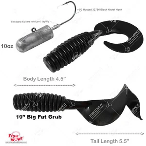Fishing 10" Perch Curly Grub Black + 8oz Bullet Jig head 10/0 MUSTAD 32786 Hook - Picture 1 of 10