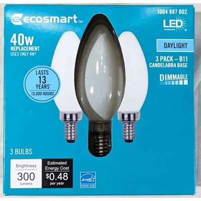 NEW EcoSmart 3-Pk 40W B11 Frosted LED Bulb Candelabra Dimmable Daylight 5000K - Image 1 of 4