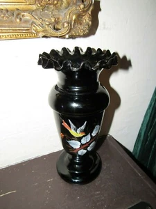 10" SIGNED ANTIQUE VICTORIAN ART GLASS-RARE BLACK ENAMELED BIRD,FLOWERS MOURNING - Picture 1 of 8