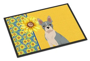 Summer Sunflowers Blue Boston Terrier Indoor Outdoor Mat 18x27 WDK5336MAT - Picture 1 of 3