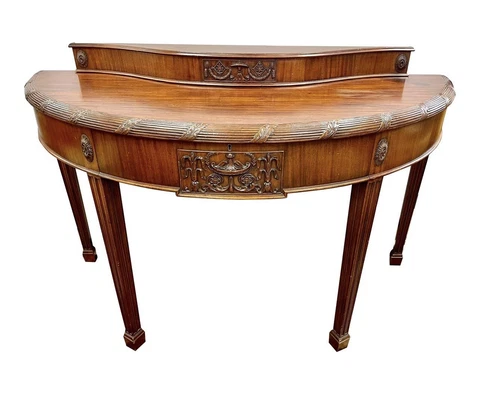 Elegant Antique George III Style Carved Mahogany Demilune Console Table 2-Tiered Cover