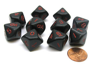 Set of 10 D10 10 Sided 16mm Opaque Dice - Black with Red Numbers