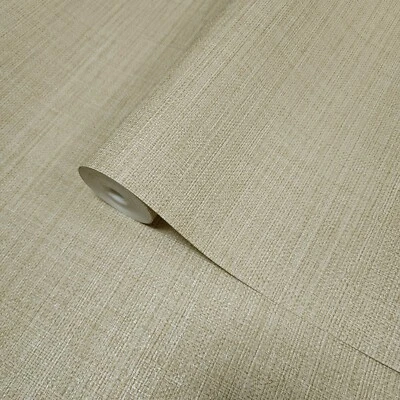 Yellow tan Gold faux grass sackcloth fabric textured plain modern wallpaper roll - Image 1 of 4